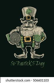 St. Patrick`s Day. Retro Design T-shirt Print Or Poster.  Leprechaun With Hat, beard, smoking pipe and pin of beer. engraved style. vector illustration