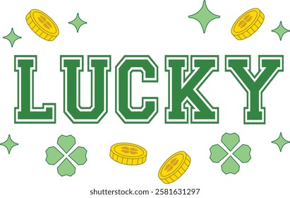  St Patrick's day retro lucky text typography with clover, coin