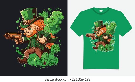 St Patricks Day Retro Style Emblems leaf clover. Vector illustration a fun happy leprechuan green hat with shamrock four leaf clover decoration as a march 17 holiday Leprechuan Dancing