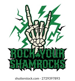 St patricks Day Rock n Roll Design mit Skelett Handgeste, Shamrock, und Blitzbolzen