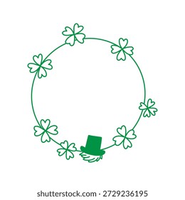 St. Patrick's Day round frame with green shamrocks and leprechaun hat. Circular border for Irish holiday greetings, invitations, and spring festive designs. Hand drawn outline Irish frame.