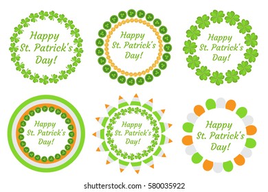 St. Patrick's Day round frame with clover, shamrock, flags, bunting. Isolated on white background. Vector illustration, clip art