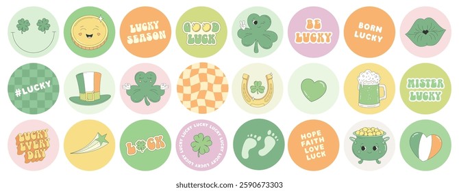 St. Patrick's Day round stickers in groovy retro style. Clover, leprechaun hat, horseshoe, gold coin, beer, pot of gold. Sticker pack of cartoon characters, elements, phrases, good luck wishes.