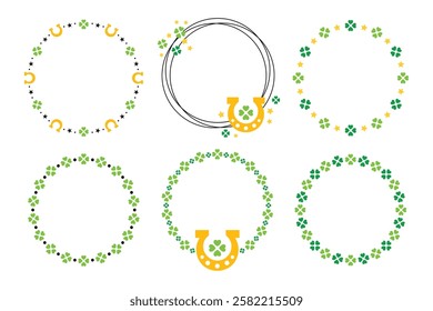 St. Patrick's Day Round Wreath Set, Green and Gold Clover, Horseshoe, and Star Circle Frame, Holiday Decorative Border Collection