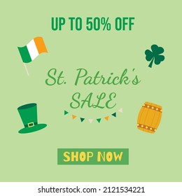 St. Patrick's Day sale up to 50 percent. Poster with  green colors and symbols holiday. Flat vector illustration 