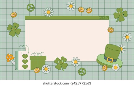 St. Patrick's Day day sale background, green clover vector background. Irish holiday celebration. Interface of old computer of the 90s, 2000s retro style for a St. Patrick's Day sale background