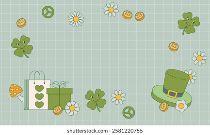 St. Patrick's Day day sale background, green clover vector background. Irish holiday celebration. 90s, 2000s retro style for a St. Patrick's Day sale background