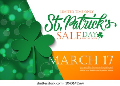 St. Patrick's Day Sale banner. Irish national holiday special offer background with hand lettering and four leaf clover for holiday shopping. Vector illustration.