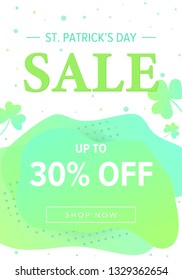 St Patricks Day sale banner, super discount template. Abstract green shapes background with clovers. Can be used in business