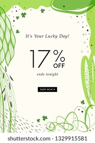 St. Patrick's Day sale banner with stylish background for social media, ads and email design, web site, flyer, shop poster, display, advertising print, promotional material and announcement.