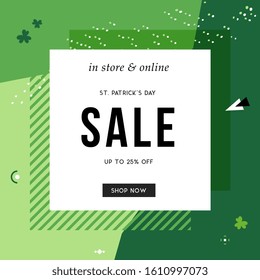 St. Patrick's Day sale banner for social media, ads, email design, web site, flyer, shop poster, display, advertising print, promotional material and announcement.