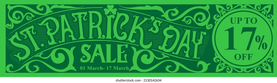  st patricks day sale banner template. vintage retro typography on green background. St. Patrick's Day. shamrock leaf clover. Vector illustration.