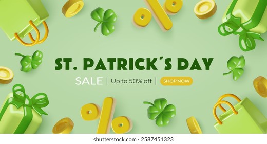 St. Patrick's Day sale banner with 3d realistic shamrock, coins, green shopping bag and gift box. Holiday special offer background design. Vector illustration.