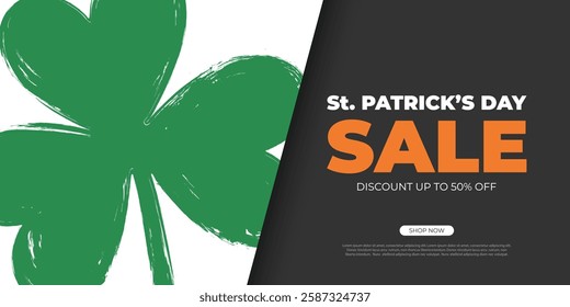 St. Patrick's Day Sale. Commercial banner with brush stroke lucky clover for Patricks Day holiday shopping promotion and sale advertising. Vector illustration.