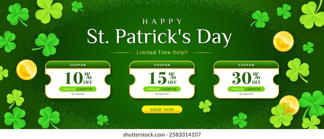 St. Patrick's Day Sale Coupon promotion banner vector illustration. Shamrock background