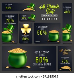 St. Patrick's Day Sale and Discount social media banners set with glossy elements as leprechaun hat, gold coins pot and shamrock leaf.