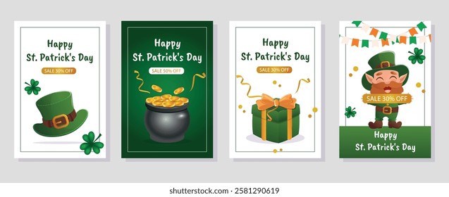 St. Patrick's Day sale. A hat, a shamrock, a leprechaun, a pot of gold, gifts. Vector illustration for a poster, banner, or special offer.