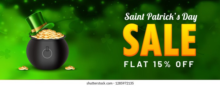 St. Patrick's Day Sale header or banner design with 15% discount offer, coins pot and leprechaun hat illustration on green blurred background.