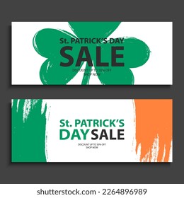 St. Patrick's Day Sale horizontal promotional banners. Patricks Day Sales backgrounds for holiday shopping, sale promotion and advertising. Vector illustration.