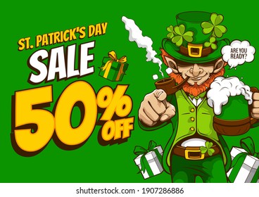 Venta del día de San Patrick, tarjeta de invitación. diseño de caracter para banner o sitio web, diseño de afiches de fiesta de la ilustración sobre fondo verde.