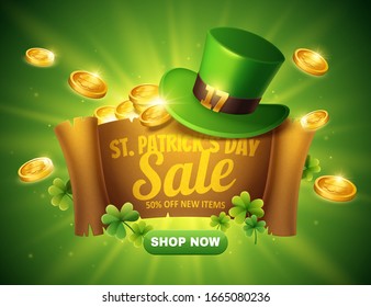 St. Patrick's Day-Verkaufs-Popupwerbung auf Scrollen mit grünem Kobelmütze und goldenen Münzen