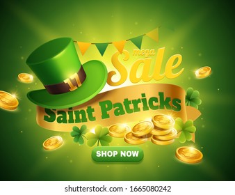 St. Patrick's day sale popup ads with green leprechaun hat and golden coins