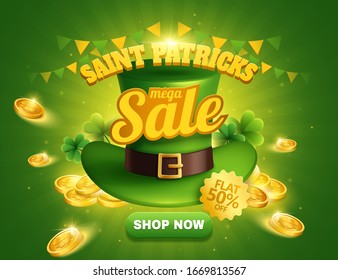 St. Patrick's day sale popup ads with green leprechaun hat and golden coins