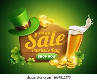 St. Patrick's day sale popup ads with green leprechaun hat, golden coins and beer in 3d illustration