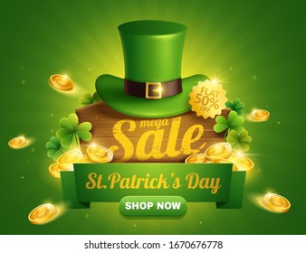 St. Patrick's day sale popup ads with green leprechaun hat and golden coins