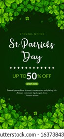 St. Patrick's Day sale poster with clover leaves