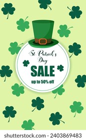 St. Patrick's Day Sale Poster Design. Discounts up to 50% inscription in a circle. There are green trefoils around the ball. Leprechaun hat on a ball