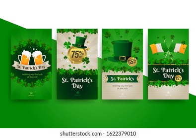 St. Patrick's Day Sale promotion and Discount social media banners set with glossy elements as leprechaun hat, gold coins pot and shamrock leaf. vector illustration.