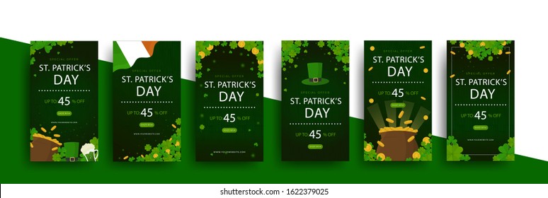 St. Patrick's Day Sale promotion and Discount social media banners set with glossy elements as leprechaun hat, gold coins pot and shamrock leaf. vector illustration.