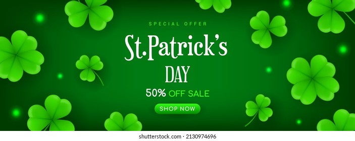 St. Patrick's Day Sale promotion Banner vector illustration. Clover leaves falling on green background