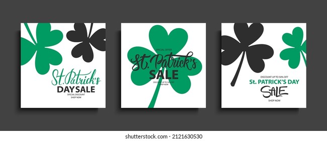 St. Patrick's Day Sale promotional cards set. Irish national holiday special offer backgrounds with hand lettering and shamrock for holiday shopping advertising. Vector illustration.