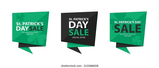 St. Patrick's Day Sale promotional labels. Patricks Day Sales templates for holiday shopping, sale promotion and advertising. Vector illustration.