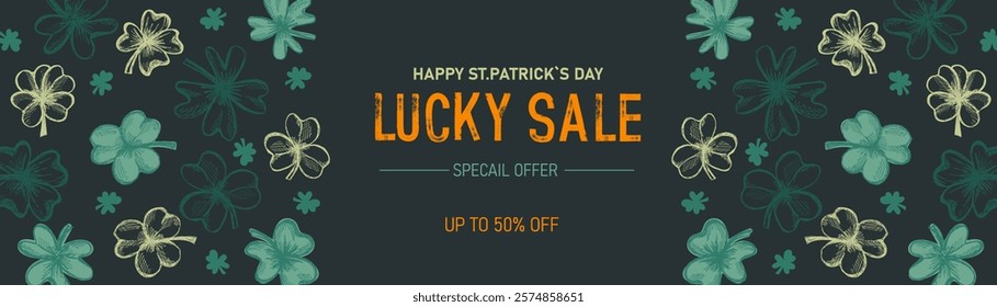 St. Patrick's Day sale promotional banner with clovers. Trendy design for discount and advertising. Vector illustration