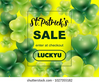St. Patrick's Day sale shopping advertisement banner, vector illustration. Green balloons in shape of clover leaf, green background, promo code and text for banners, greeting cards.