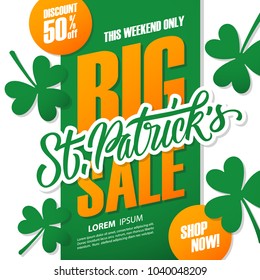 St. Patrick's Day Sale special offer banner with hand lettering text design for commerce, business, promotion and advertising. Discount 50% off. Irish national holiday vector illustration.