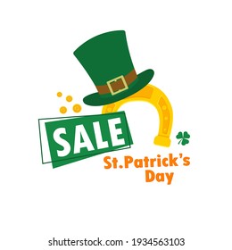St. Patrick's Day Sale. Sticker, postcard, illustration. Hat, coin, horseshoe, clover. Vector illustration in flat cartoon style.