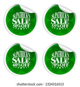 St. Patrick's Day sale stickers with cylinder hat 50,55,60,70 percent off.Vector illustration