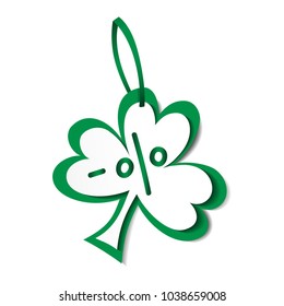 St Patricks day sale tag. Sale paper label in paper cut style in clover shape.  St Patricks discount concept. Vector illustration.