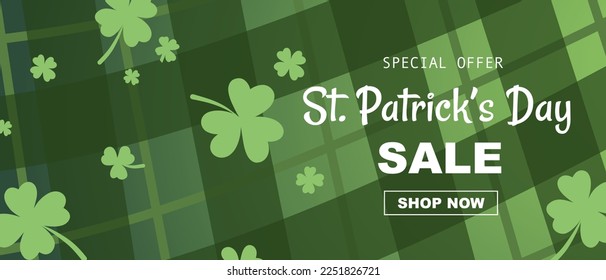 St. Patrick's Day Sale tartan plaid background. Scottish ornament in green and dark green cage. Scottish cage sale banner, template with green Cloverleaf, shamrocks