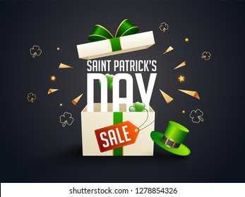 St. Patrick's Day sale template or poster design with surprise gift box and leprechaun hat illustration on black background.