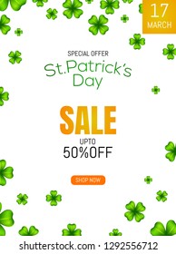 St Patrick's Day sale template or flyer design with 50% discount offer and decorative leaves.