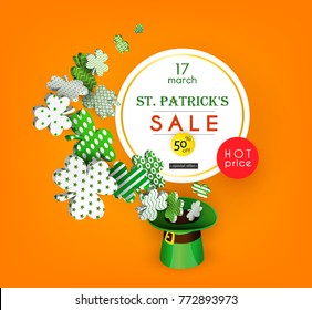 St. Patrick's Day Sale. Traditional green leprechaun hat and 3d clover leaves with geometric patterns. Composition for festive design. Isolated on an orange background. Vector illustration
