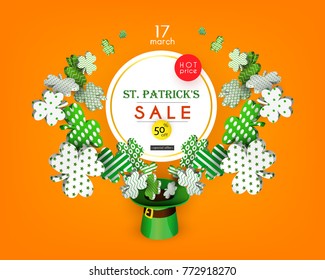 St. Patrick's Day Sale. Traditional green leprechaun hat and 3d clover leaves with geometric patterns. Composition for festive design. Isolated on an orange background. Vector illustration