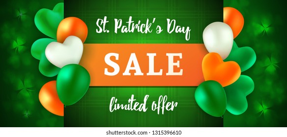 St Patrick's Day Sale. Vector template for advertising banner, poster or flyer. Glossy balloons colored in the colors of the Irish flag. Blurred background with leaves of shamrock