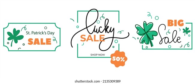 St. Patrick's Day Sale vector set banners.  Irish national holiday background and template with hand lettering and four leaf clover for holiday shopping and sales. 