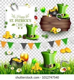 St. Patrick's Day scrapbook elements. Headers, borders, garland on transparent background.